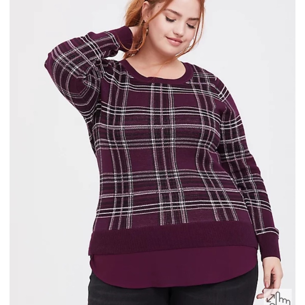 Torrid Burgundy Purple Plaid 2fer Pullover Sweater, Size 5, New w/o tags